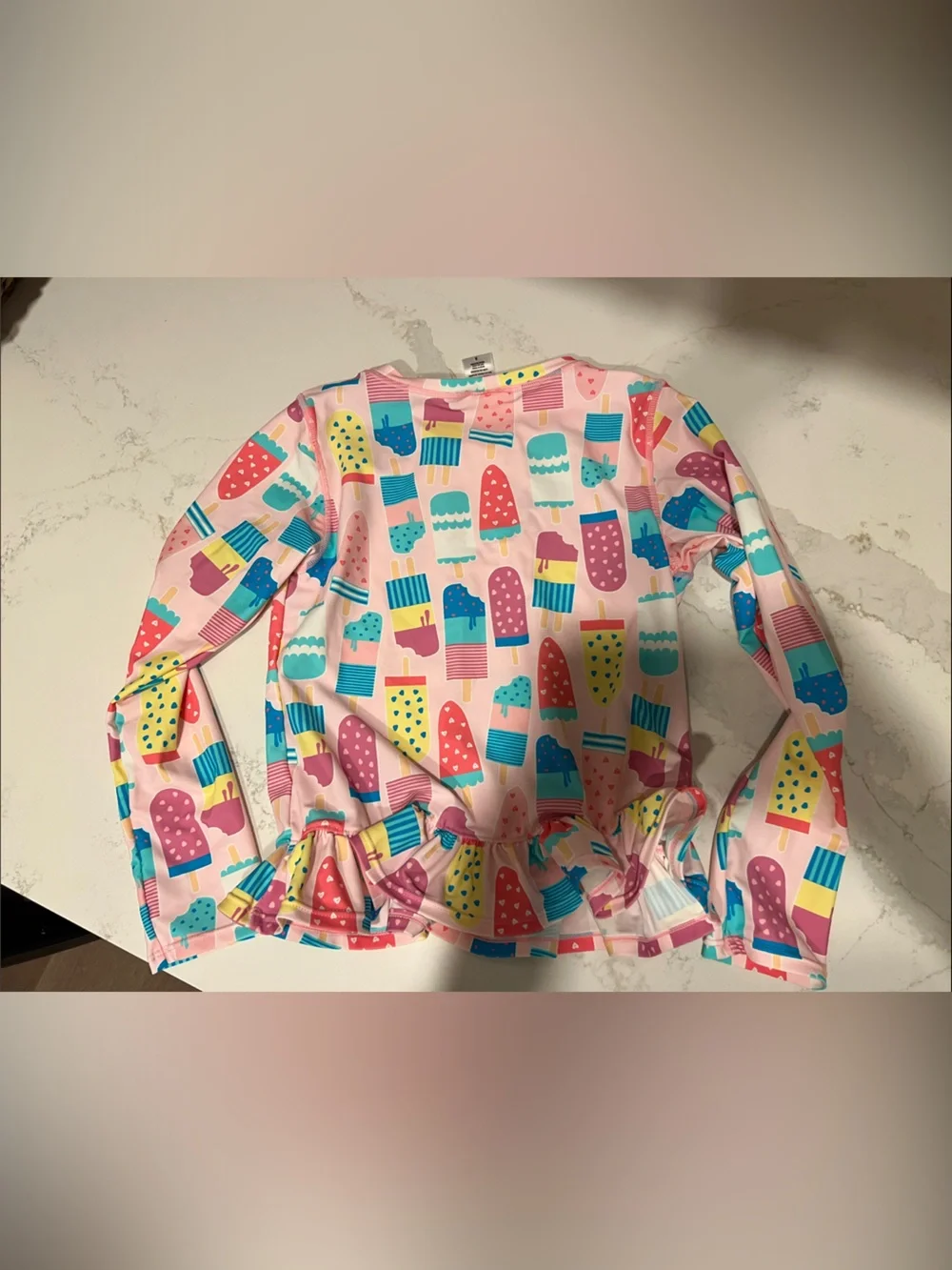 Ruffle Butts Girls Pink Popsicle/Ice Cream Print swim rash guard, size 8